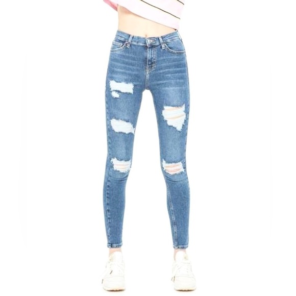 ✨ TopShop Moto Jamie Super Rip Distressed High Waist Skinny Jeans Size 28x32 - Picture 2 of 6